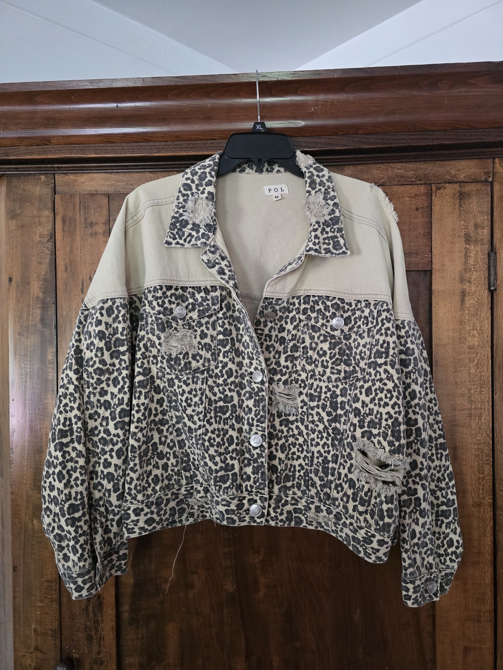 O POL Two-Tone Leopard Print Cropped Distressed Jean Jacket - Beige